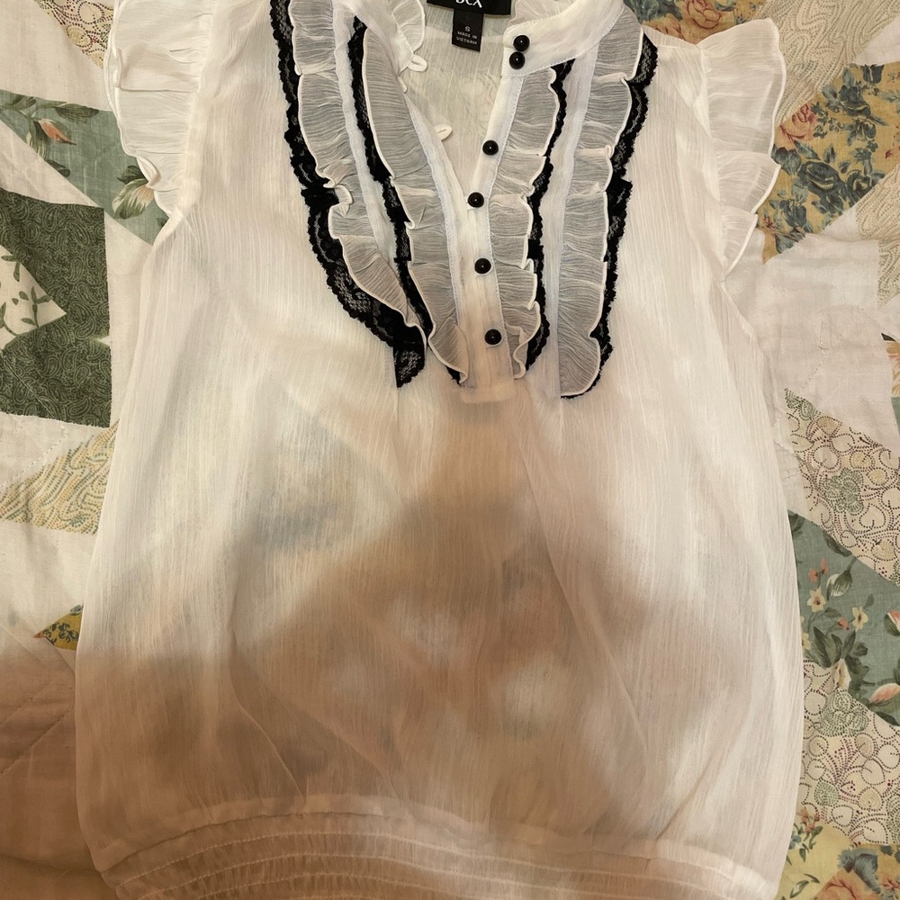 BCX White Ruffle Front Blouse with Black Trim